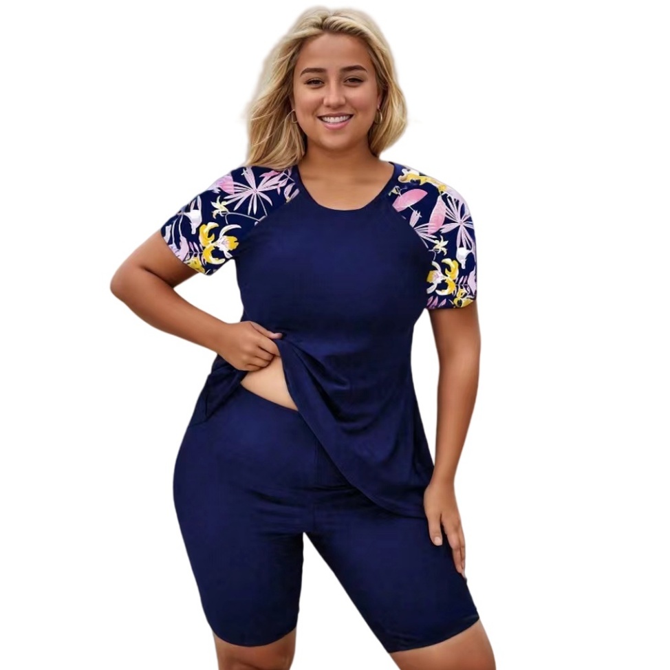 Plus Size Floral Print Two-Piece Set High Waist Surf Swimwear Sports Beachwear